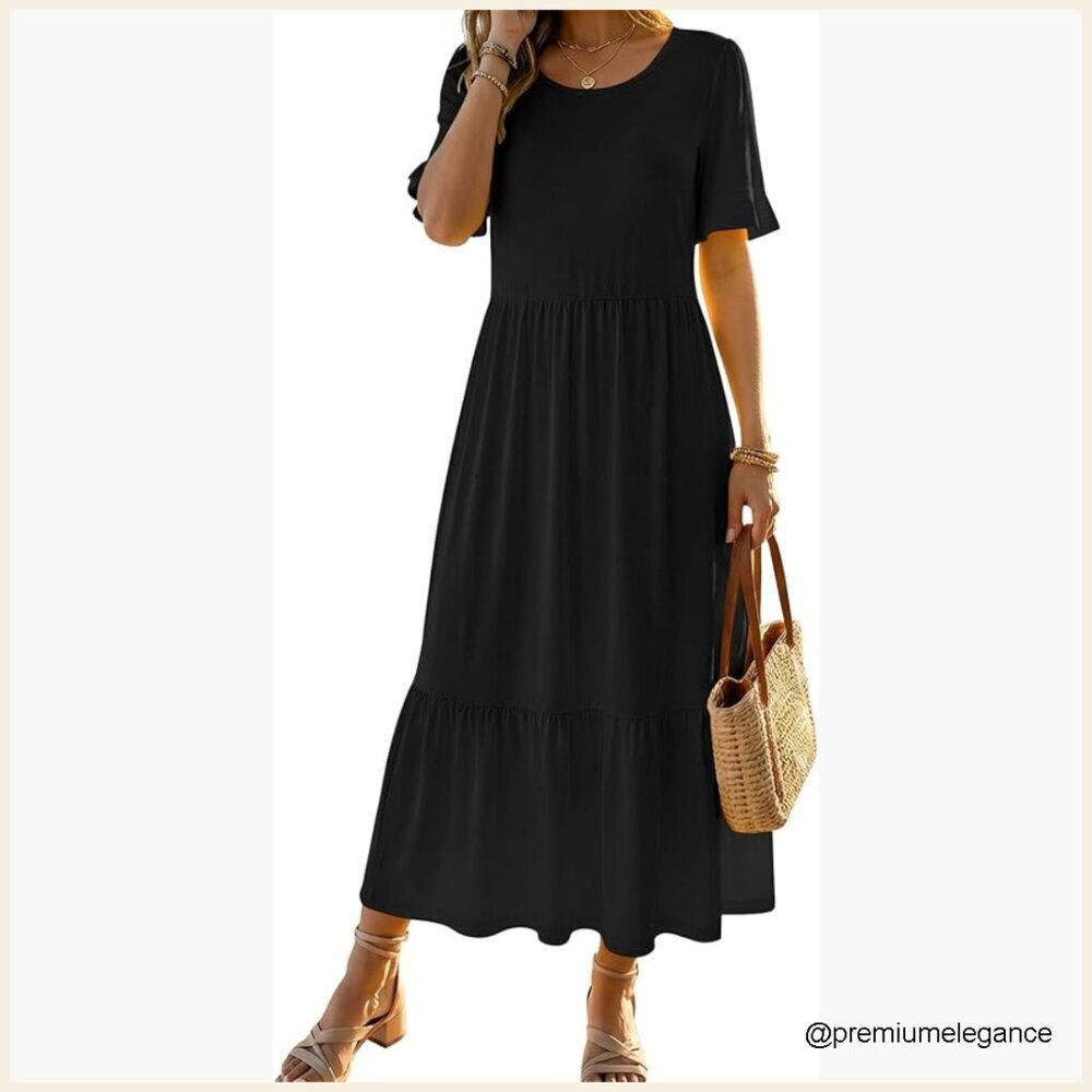 Midi Summer Dress Ruffle Sleeves Tiered A-Line Boho Casual Flowy Sundress